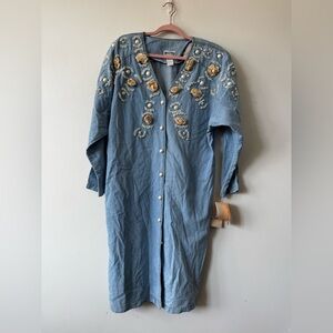 Vintage Denim Midi Dress Pearl Beaded Floral Appliqué Button Front Long Sleeve M